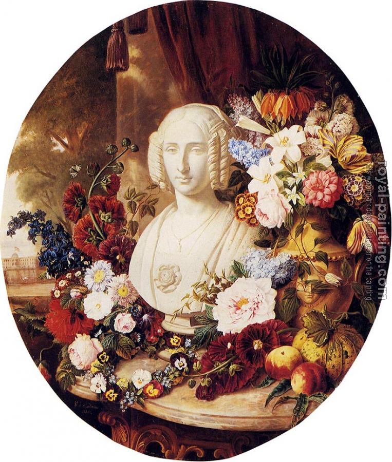 Virginie De Sartorius : A Still Life With Assorted Flowers Fruit And A Marble Bust Of A Woman
